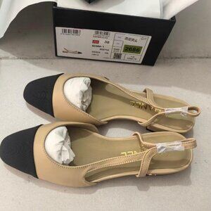 New Chanel Size 38 Goatskin Slingback Beige/Black Flat